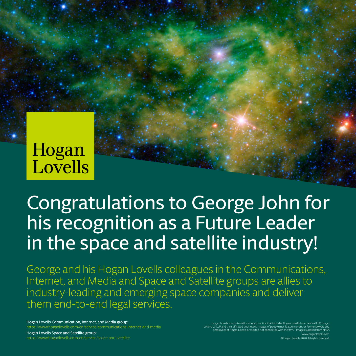 Congratulations from Hogan Lovells to George John for his recognition as a Future Leader of the space and satellite industry!